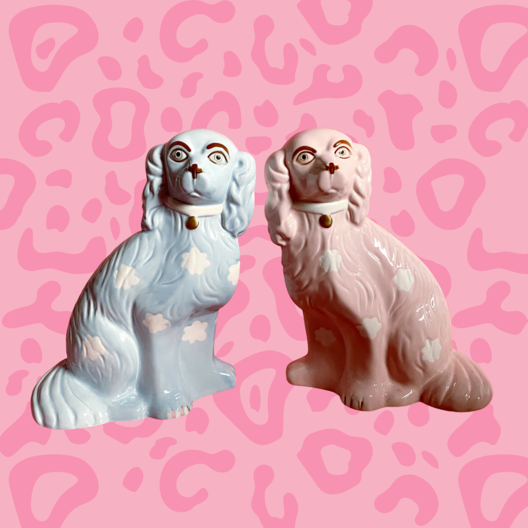 'Mixed' Pair of Blue & Pink Staffordshire Dogs Statue