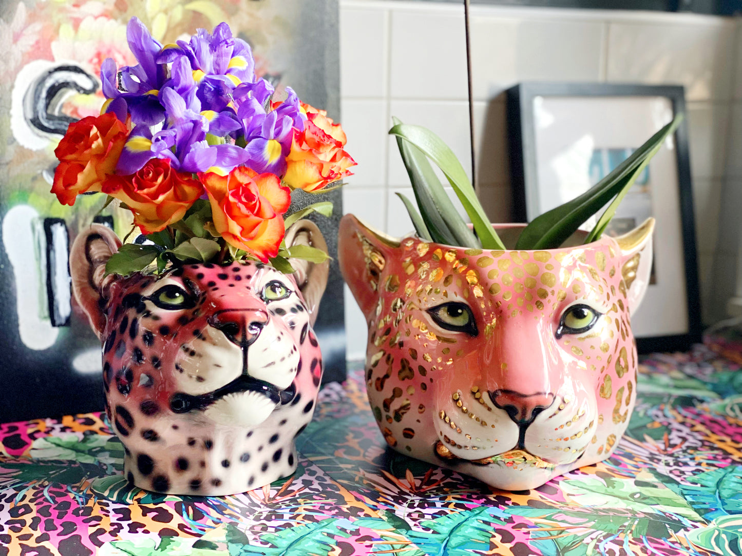 'Hellen' Pink Ceramic Leopard Head Flower Vase