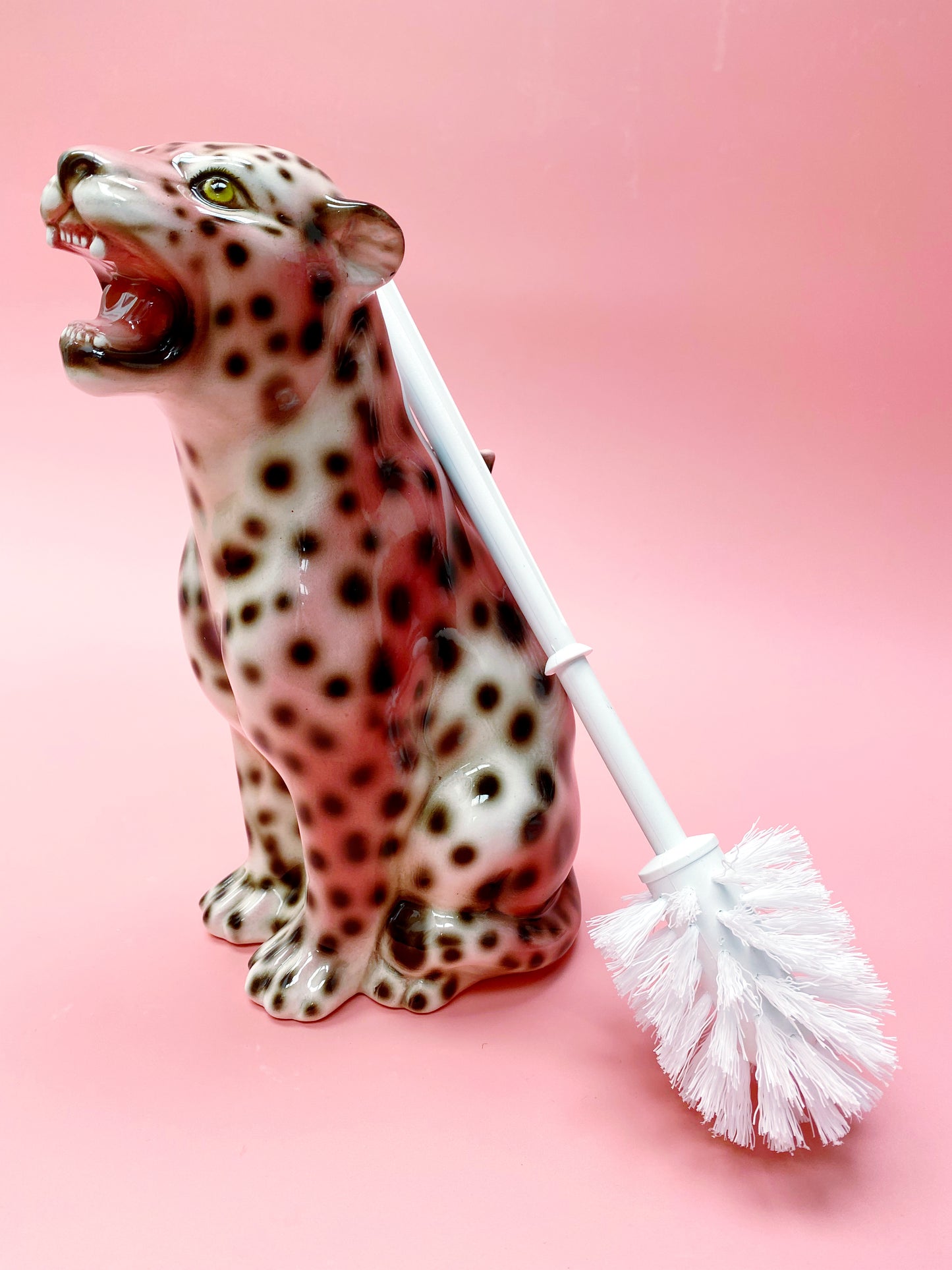 'Bea' Toilet Brush PINK Ceramic Leopard Statue