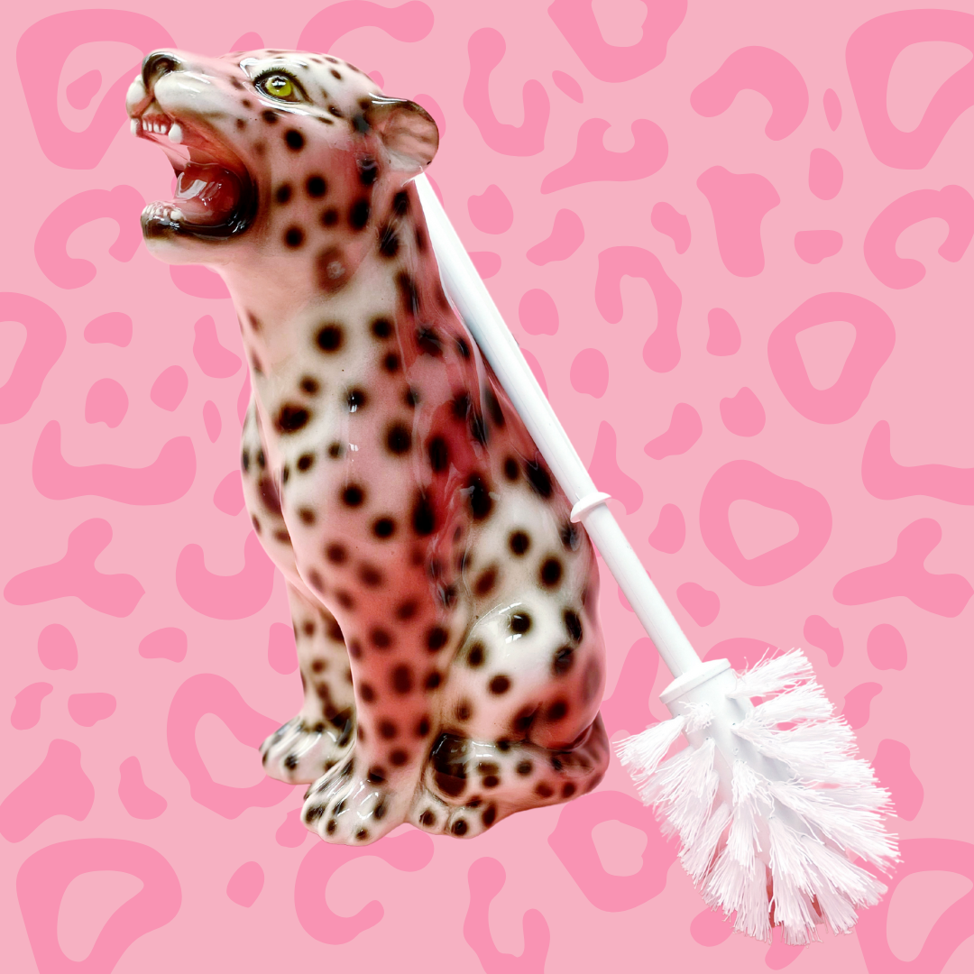 'Bea' Toilet Brush PINK Ceramic Leopard Statue