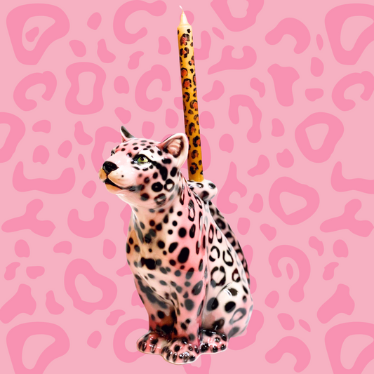 'Ava' Pink Ceramic Leopard Candle Stick Holder