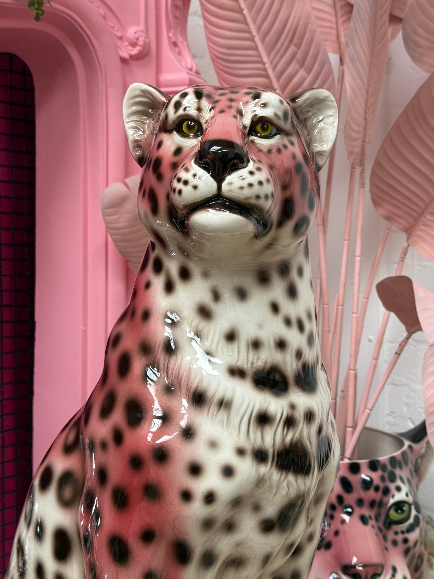 'Lily' Large Pink Ceramic Leopard Statue Smiling