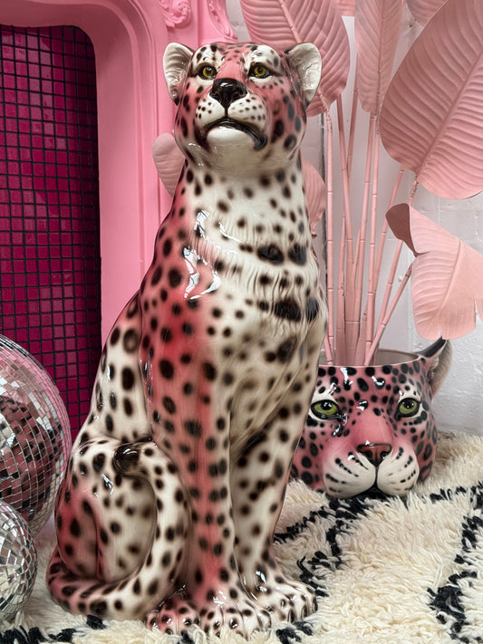 'Lily' Large Pink Ceramic Leopard Statue Smiling