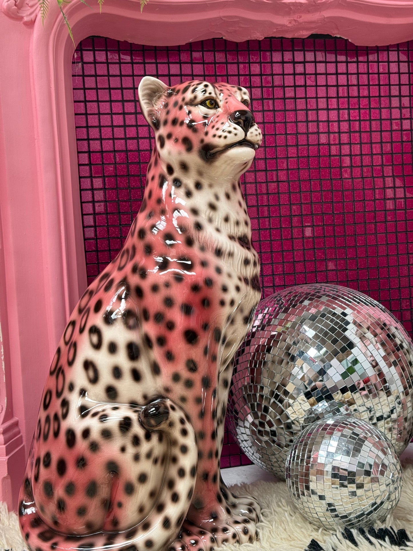 'Lily' Large Pink Ceramic Leopard Statue Smiling