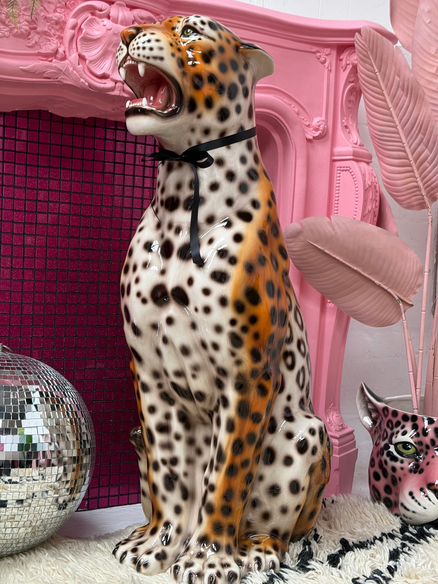 'Kenickie' XXL Classic Orange Ceramic Leopard Statue Vintage