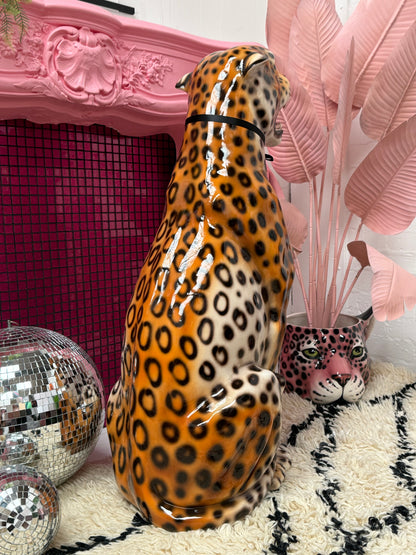 'Kenickie' XXL Classic Orange Ceramic Leopard Statue Vintage