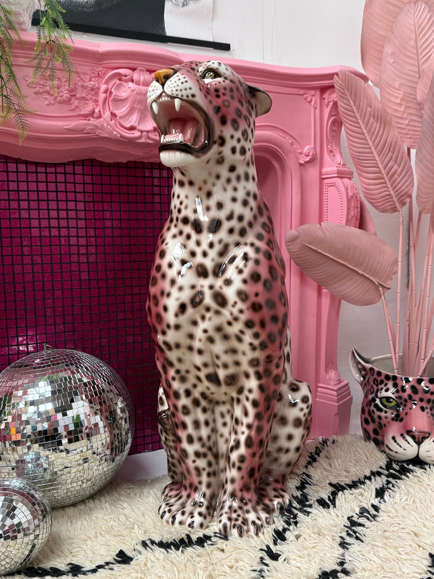 'Rizo' PINK EXCLUSIVE XXL Ceramic Leopard Statue Vintage