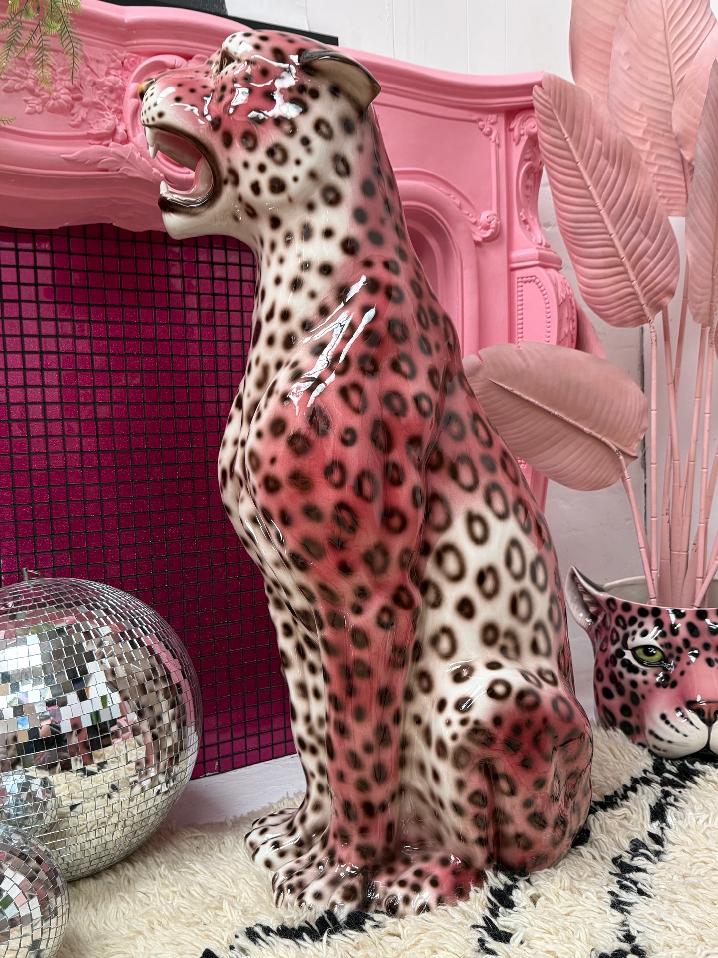 'Rizo' PINK EXCLUSIVE XXL Ceramic Leopard Statue Vintage