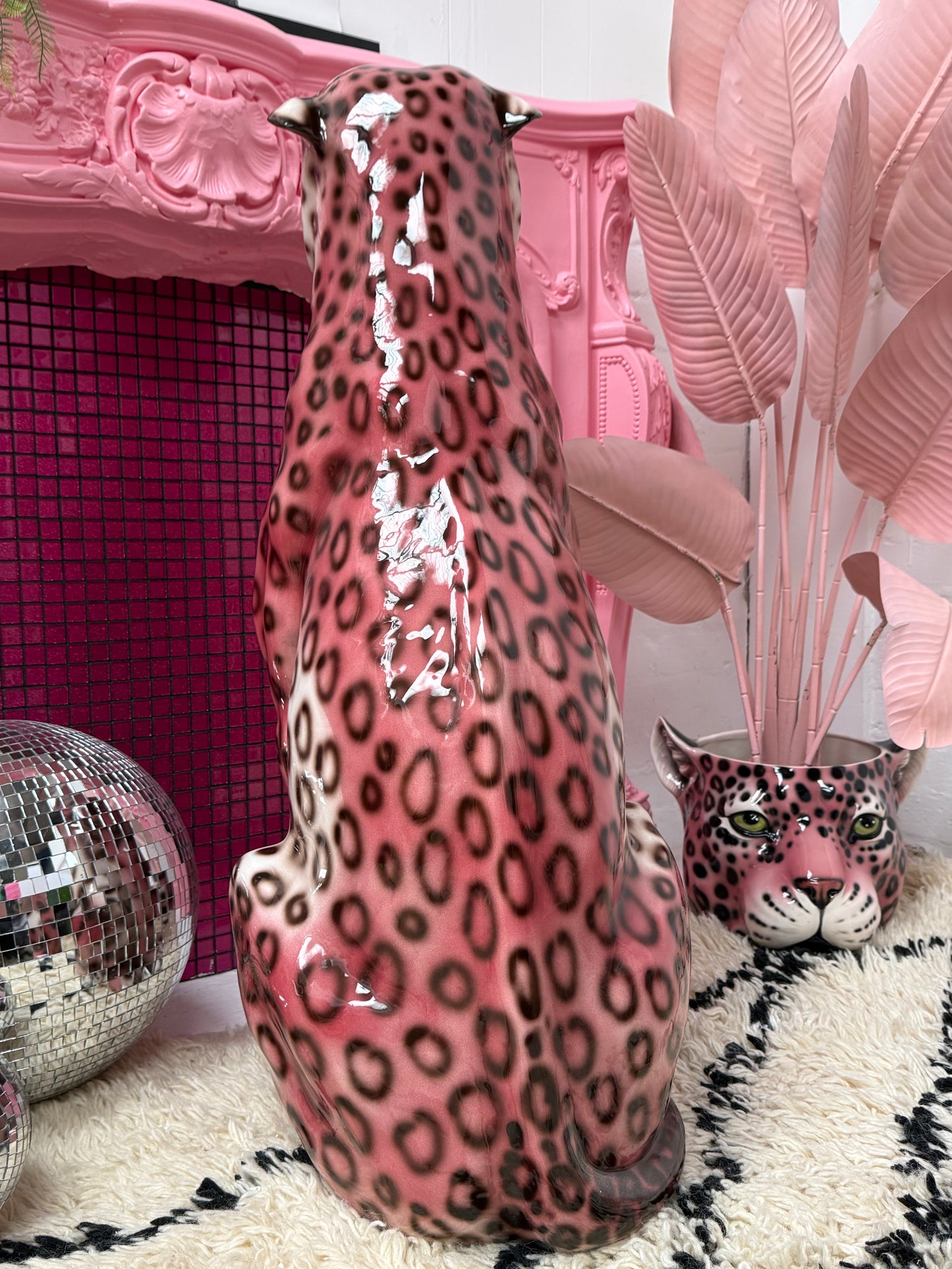 'Rizo' PINK EXCLUSIVE XXL Ceramic Leopard Statue Vintage