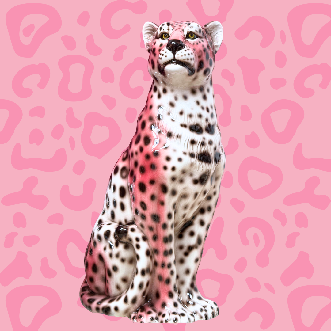 'Lily' Large Pink Ceramic Leopard Statue Smiling