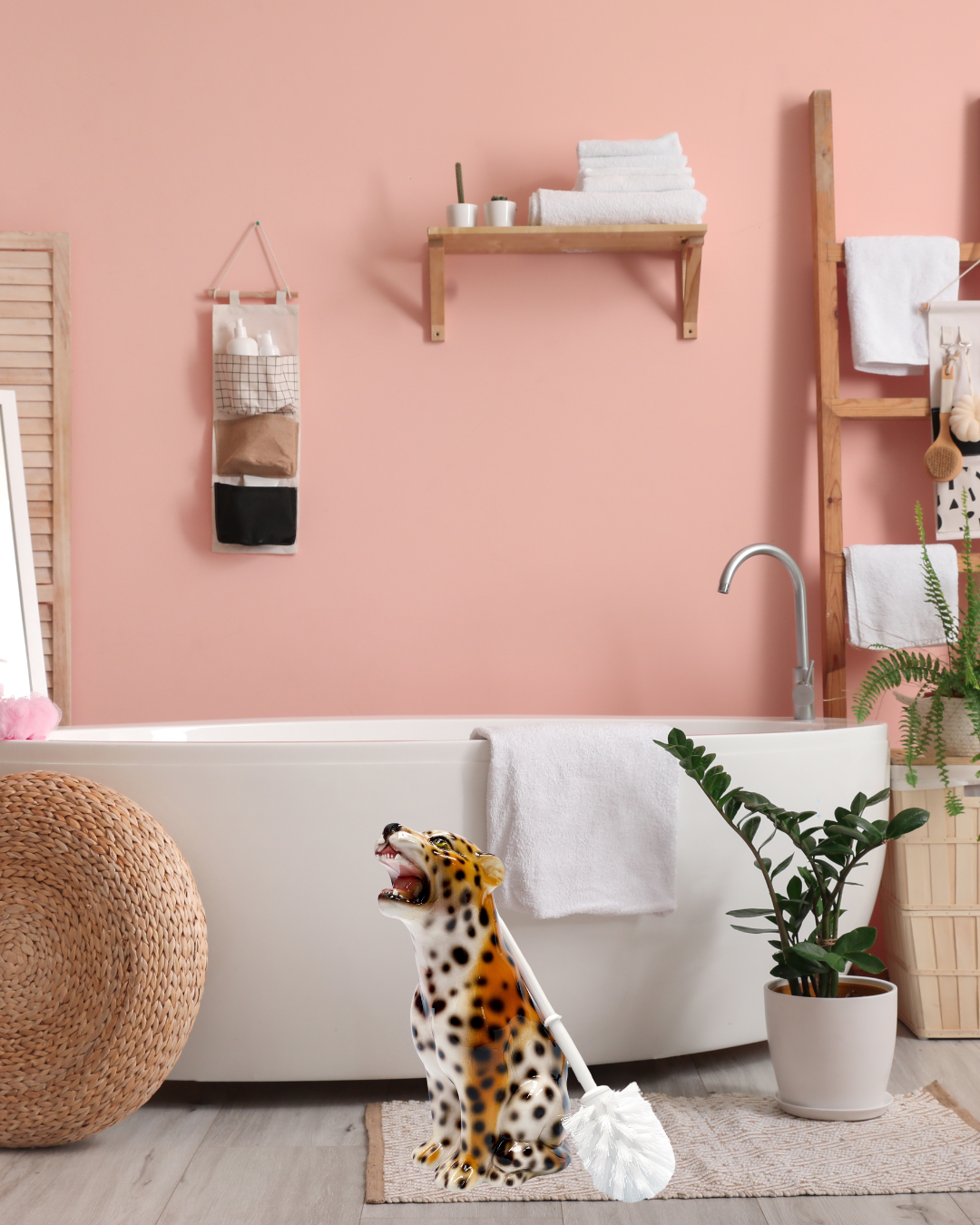 'Bea' Toilet Brush PINK Ceramic Leopard Statue