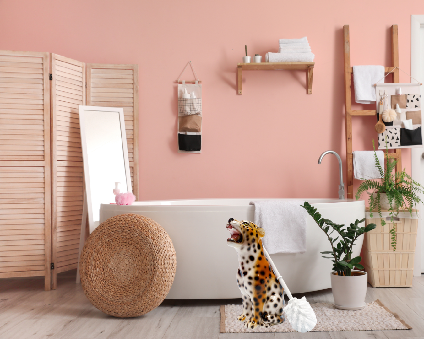 'Bea' Toilet Brush PINK Ceramic Leopard Statue