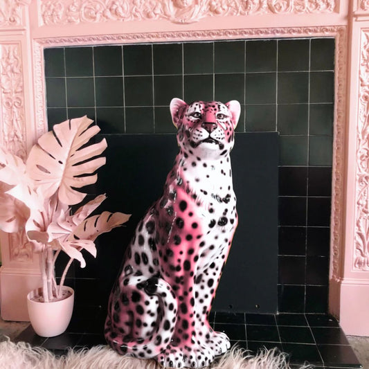 'Lily' Large Pink Ceramic Leopard Statue Smiling