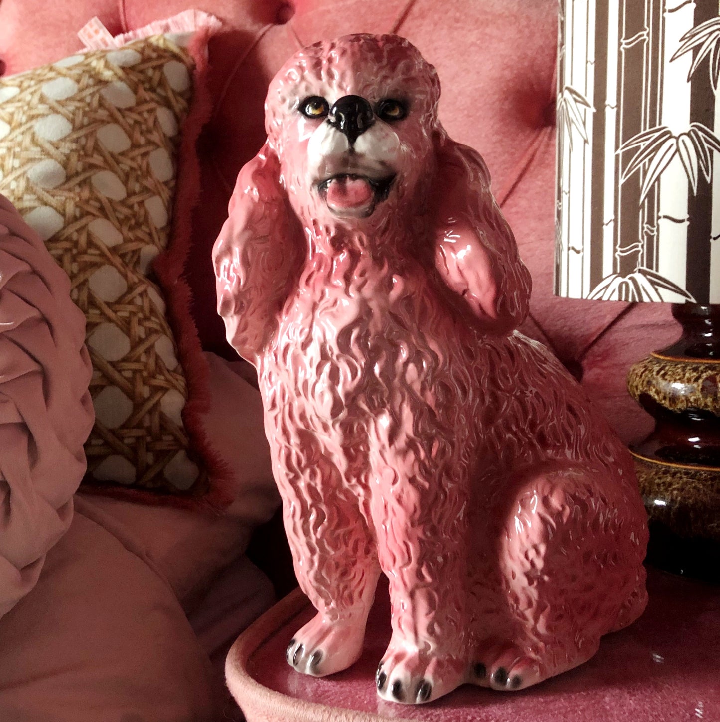 'Candy' Pink Sitting Poodle Dog Ceramic Statue
