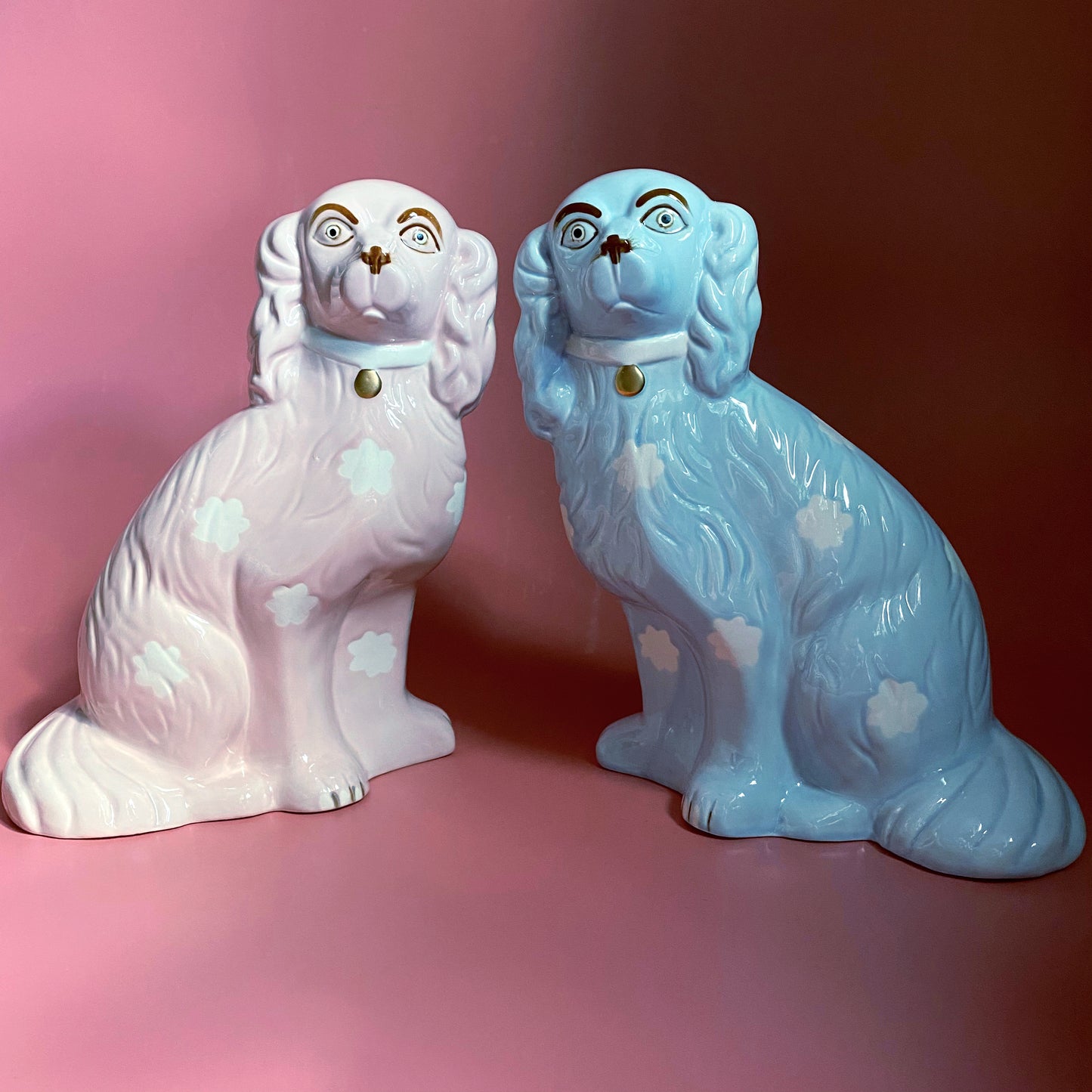 'Mixed' Pair of Blue & Pink Staffordshire Dogs Statue