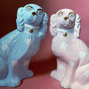 NEW 'Mixed' Pair of Blue & Pink Sitting Staffordshire Wally Dog Ceramic Statue