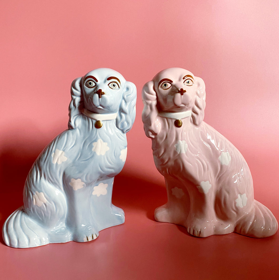 NEW 'Mixed' Pair of Blue & Pink Sitting Staffordshire Wally Dog Ceramic Statue